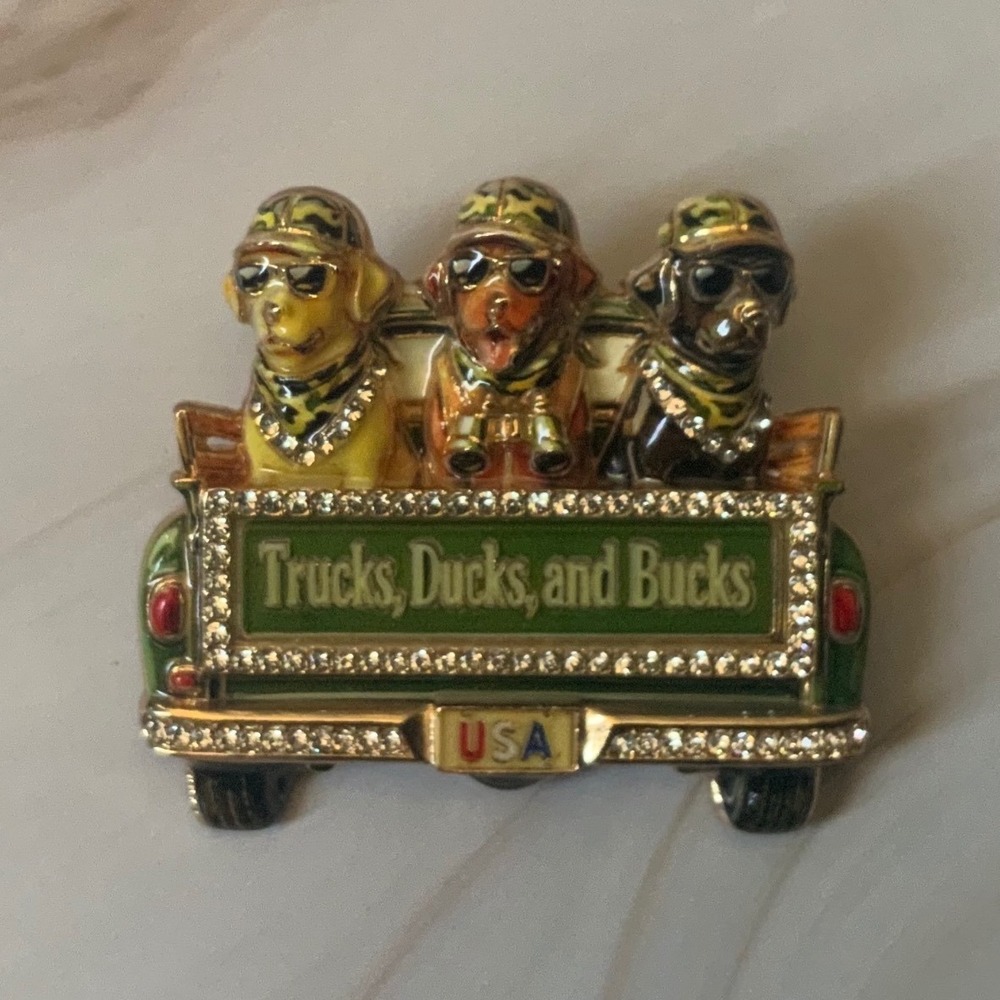 VTG Trucks Ducks And Bucks Hunting Dogs Pickup Truck Gold Tone Brooch Pin USA
